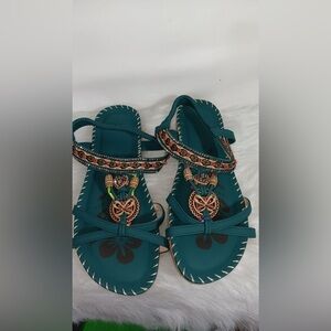 Size 43 or 10 Turquoise Embellished Sandals with Beads, Stitching and Crystalst